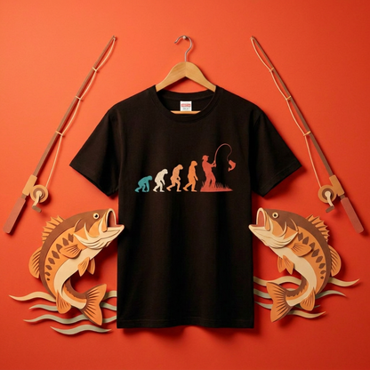 人類の進化（エボリューション）釣り人Tシャツ