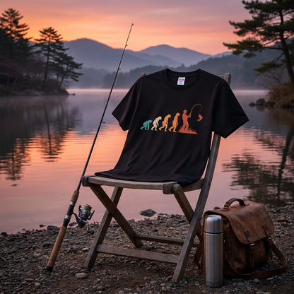 人類の進化（エボリューション）釣り人Tシャツ